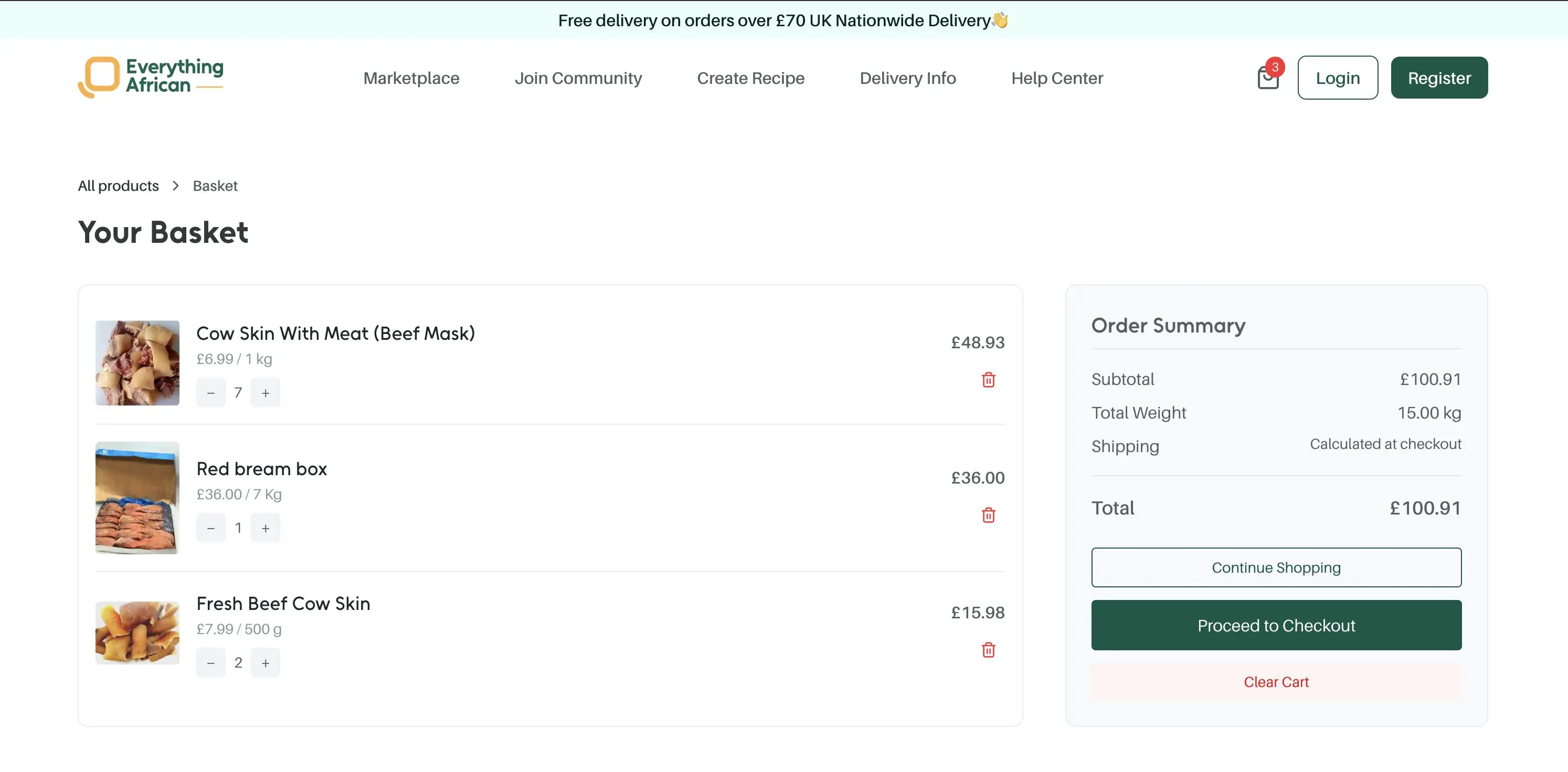 Your Basket: three items with quantities and prices, and an order summary with subtotal, total weight, shipping and total