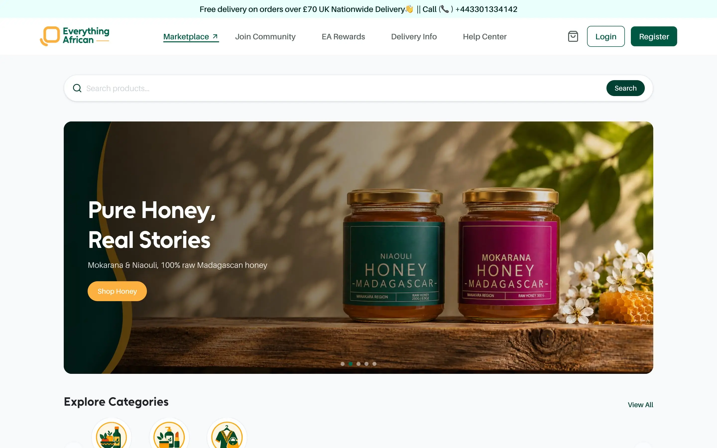The Everything African marketplace: a search bar, a Pure Honey banner, Explore Categories and Featured Products