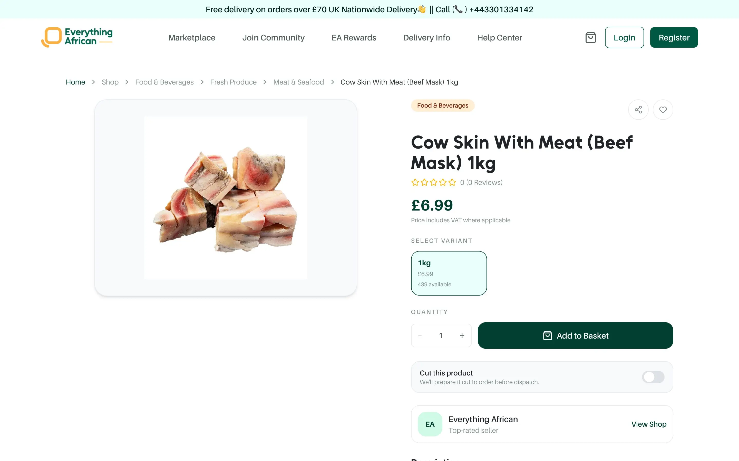 Cow Skin With Meat (Beef Mask) 1kg: price, the 1kg variant with 439 available, quantity, Add to Basket, and a Cut this product toggle