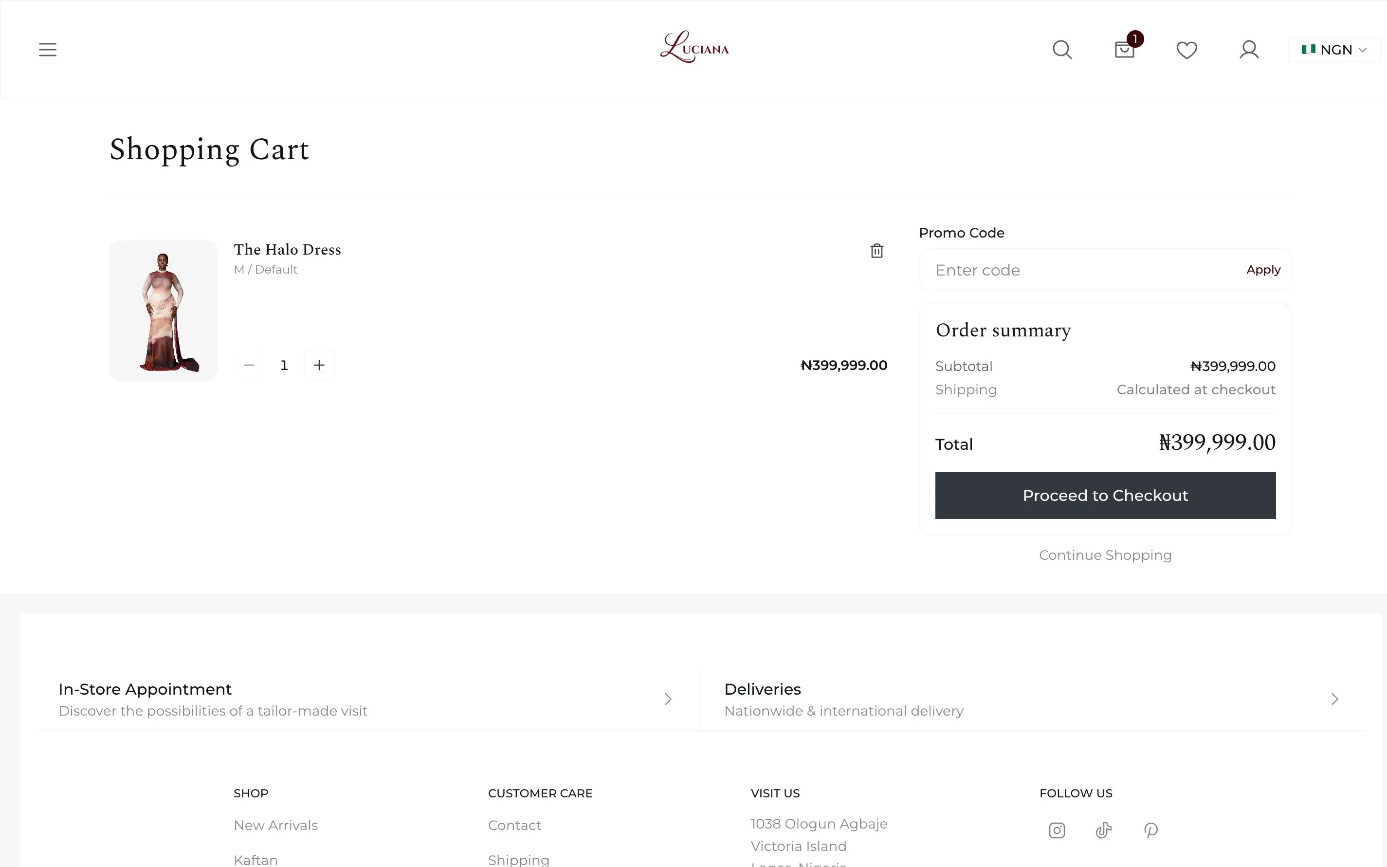Shopping cart: The Halo Dress, size M, quantity, and an order summary with Proceed to Checkout