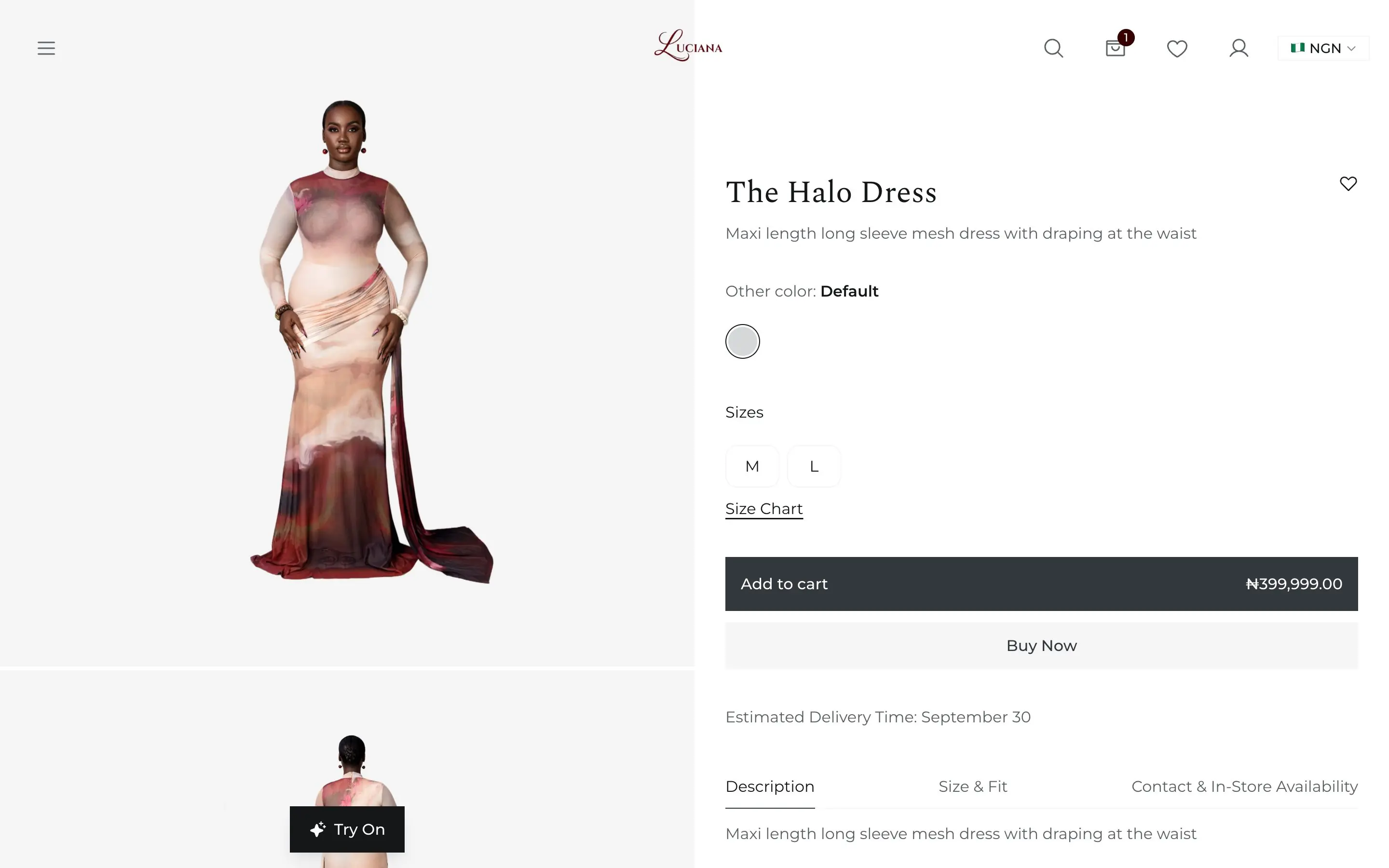 The Halo Dress product page: photos on the left with a Try On button, colour, sizes, Add to cart and Buy Now on the right