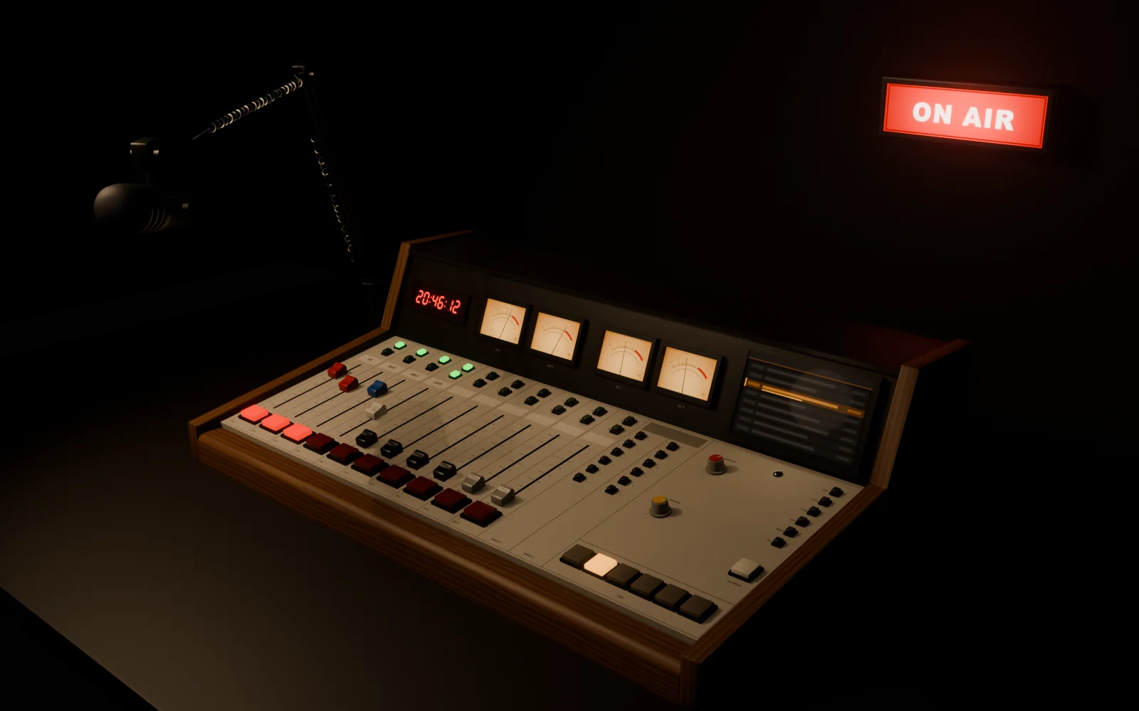 The radio desk rendered in Blender: ten channels of faders, four VU meters, a red LED clock, the running order screen, and the ON AIR sign lit above