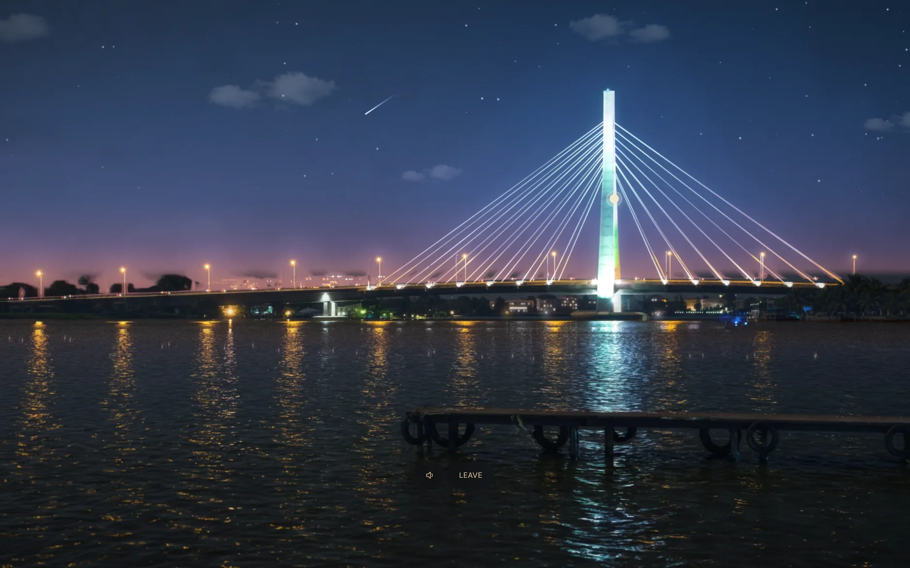 The home at dusk under IMMERSE: the Lekki–Ikoyi Link Bridge lit over the lagoon in Lagos, with a shooting star in the sky
