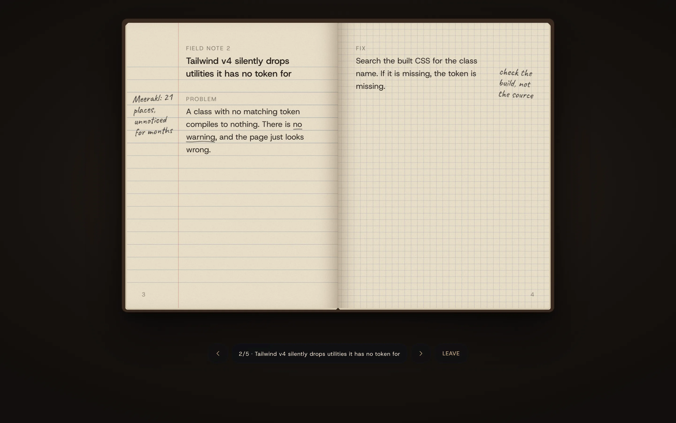 Writing's notebook open on a field note: the problem on the ruled page, the fix on the squared one, and my margin notes in pencil