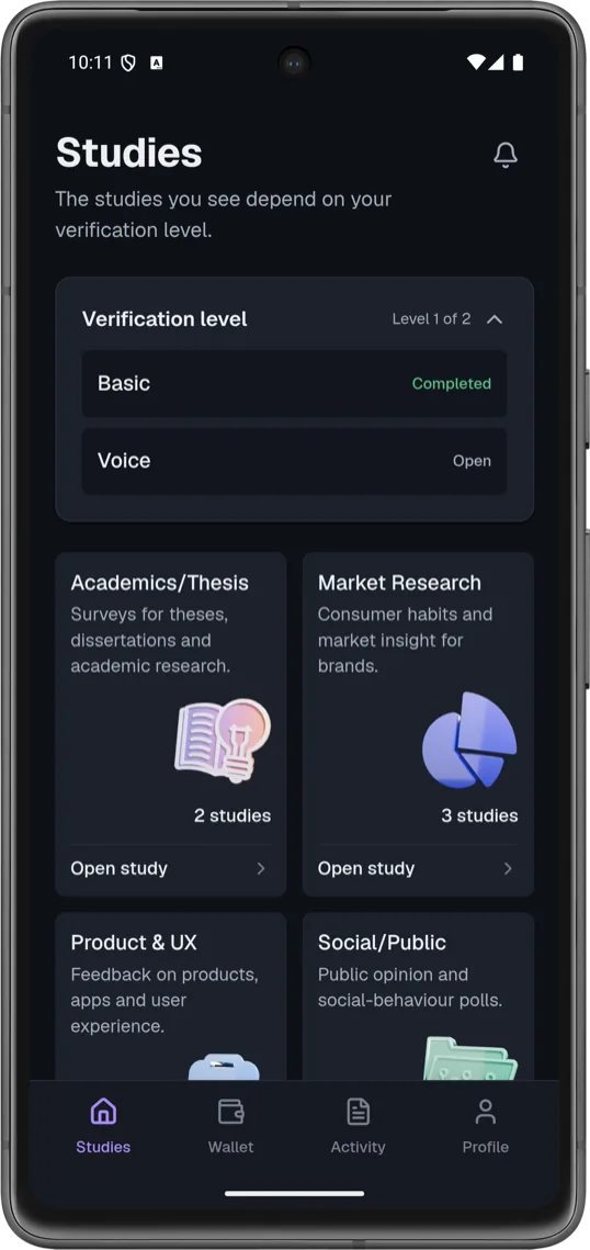 The Ansarr Studies screen: verification level, then study categories
