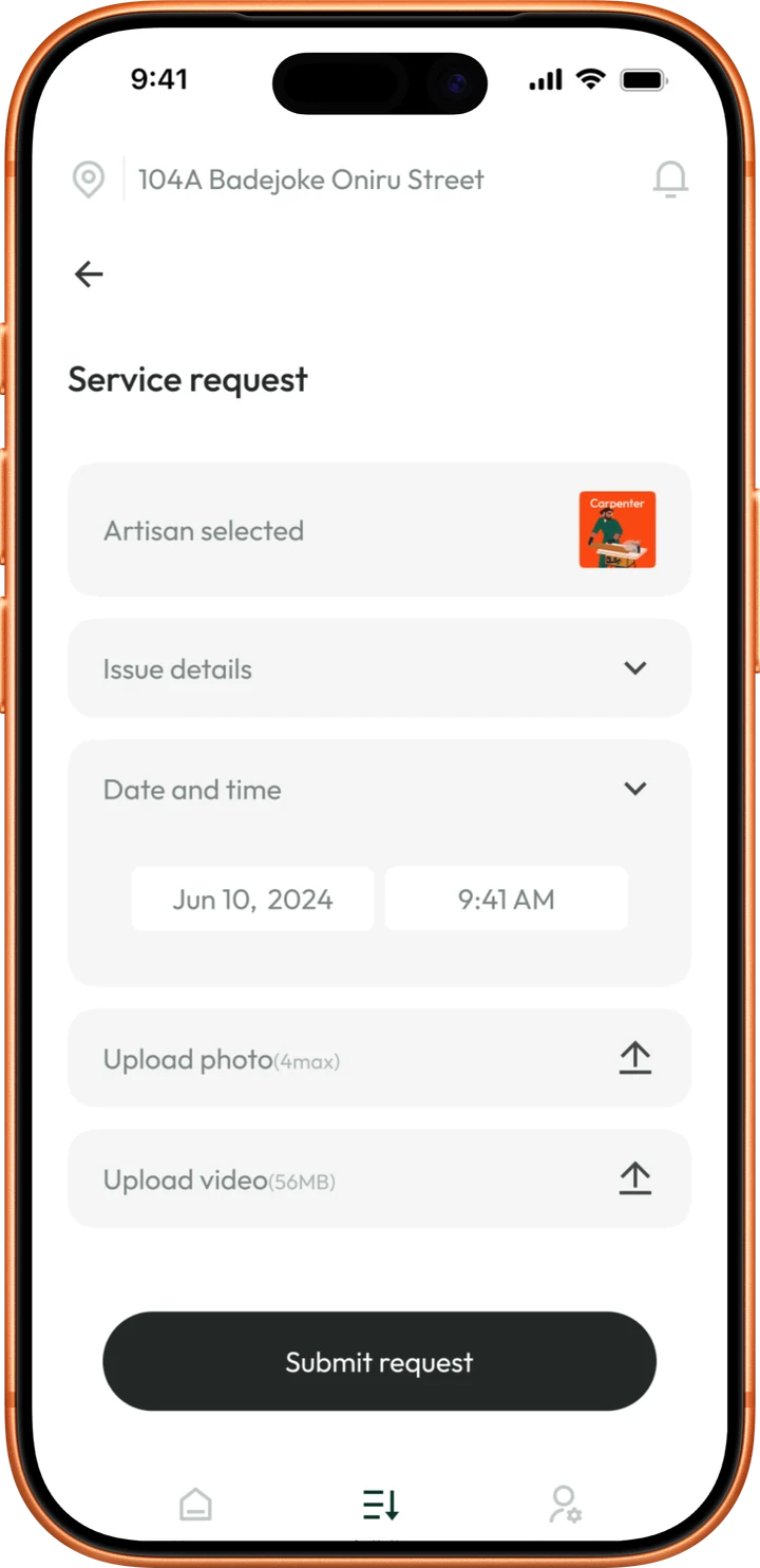 Service request: artisan selected, issue details, date and time, upload photo or video, and Submit request
