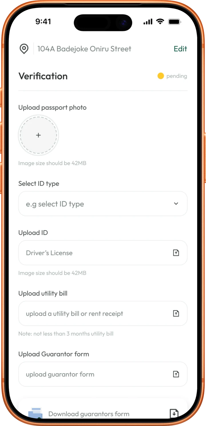 Verification form: upload a passport photo, select the ID type, upload the ID, a utility bill and a guarantor form